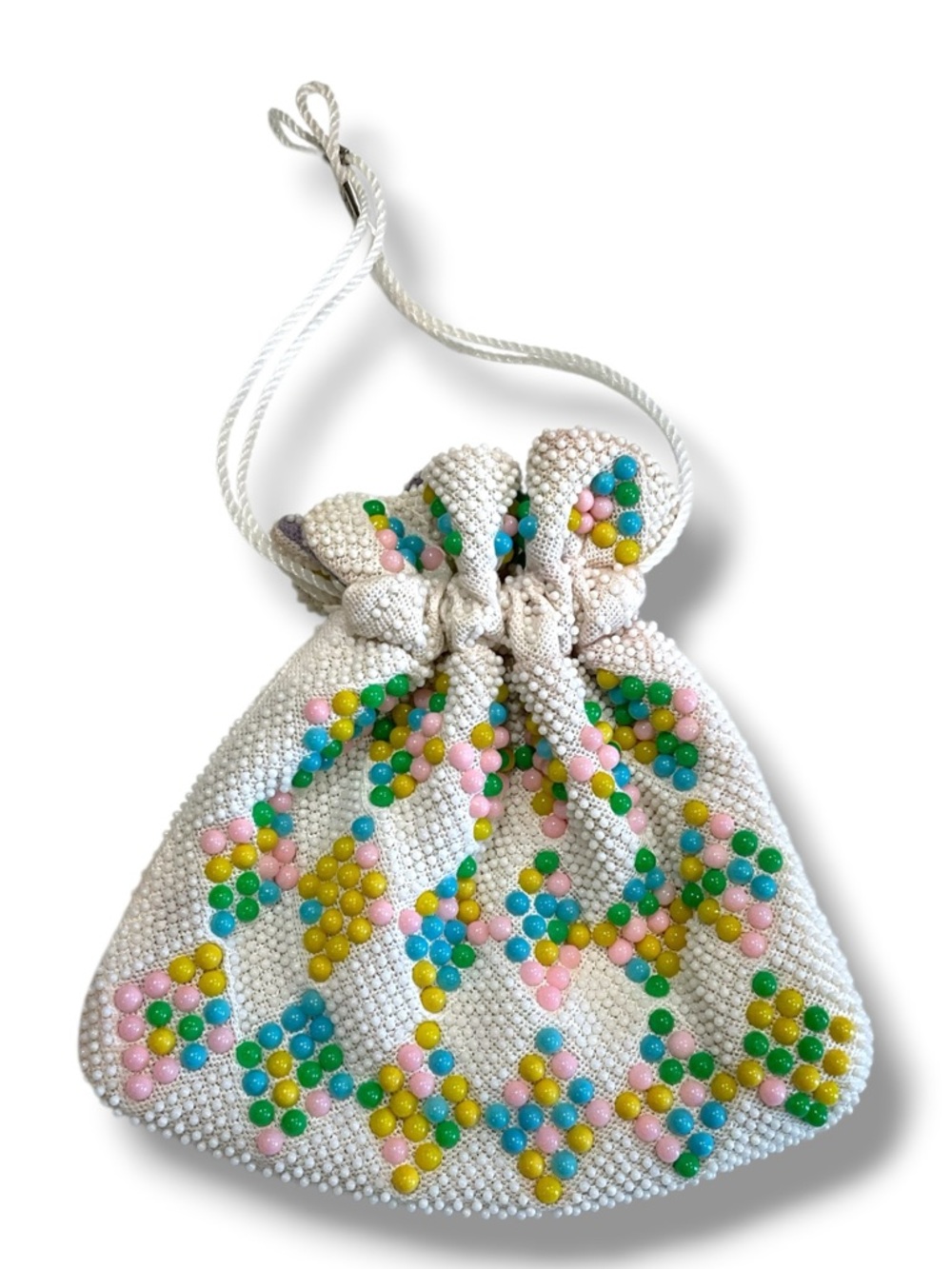 Vintage 1950s/60s Beaded Drawstring Purse w/Pastel Lucite Beads Reversible Hand